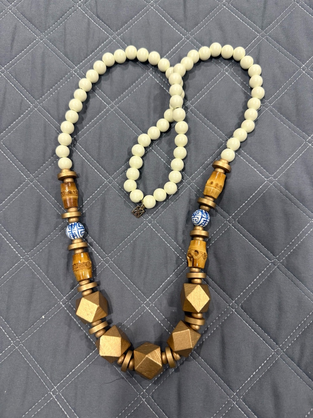 Handcrafted White and Gold Beaded Statement Necklace